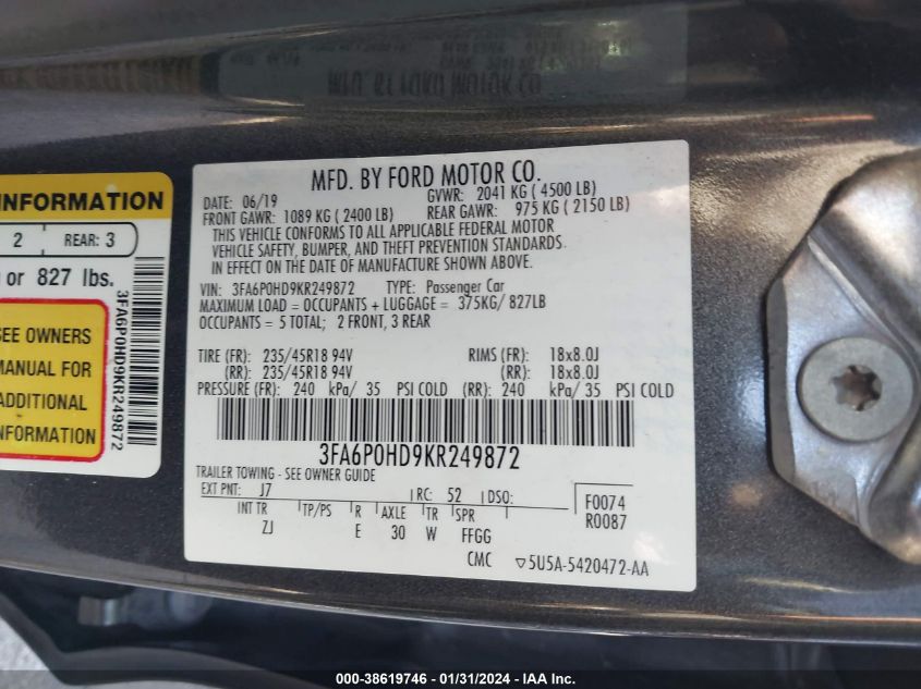 2019 FORD FUSION SE - 3FA6P0HD9KR249872