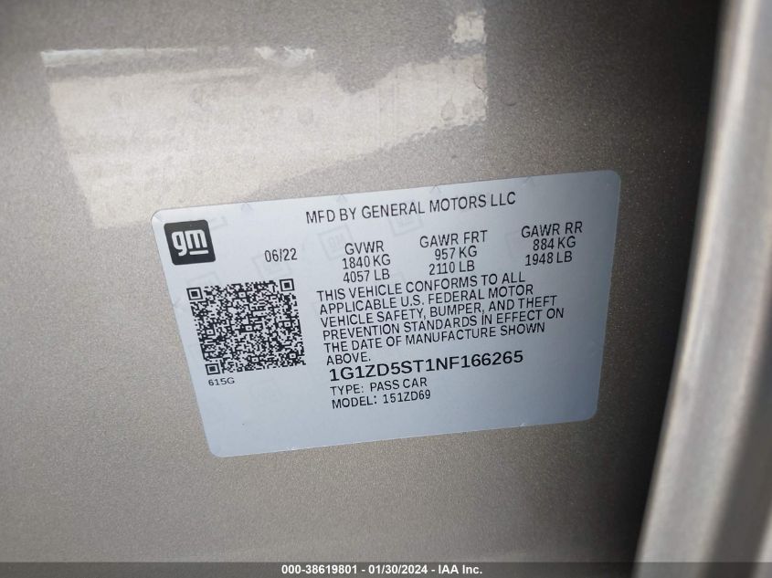 2022 CHEVROLET MALIBU FWD LT - 1G1ZD5ST1NF166265