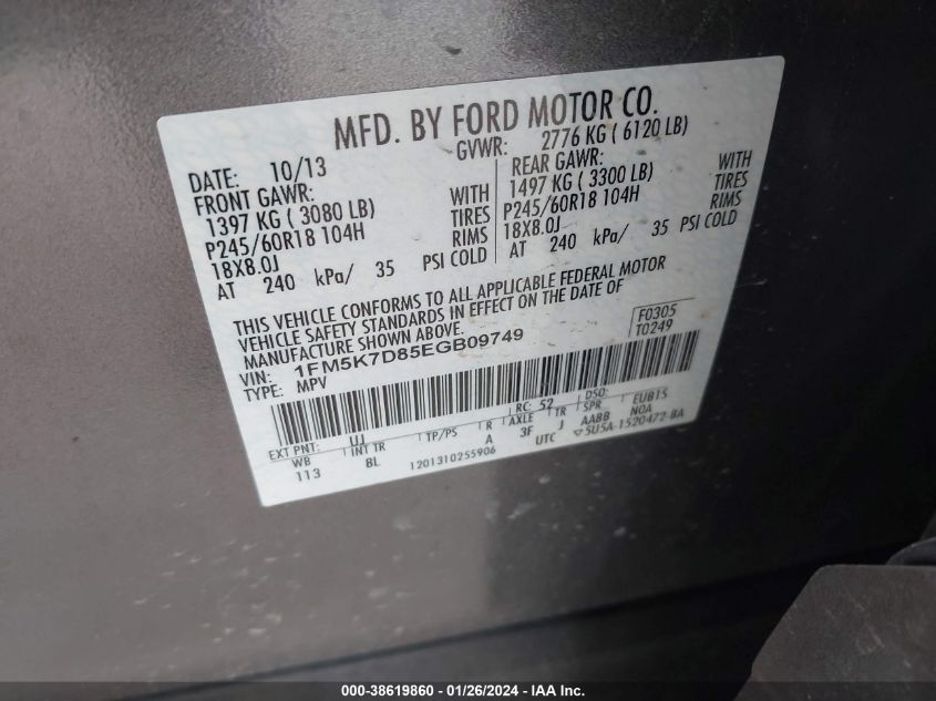 2014 FORD EXPLORER XLT - 1FM5K7D85EGB09749