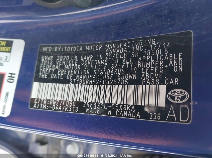 2015 TOYOTA COROLLA L/LE/LE PLS/PRM/S/S PLS - 2T1BURHE2FC326785