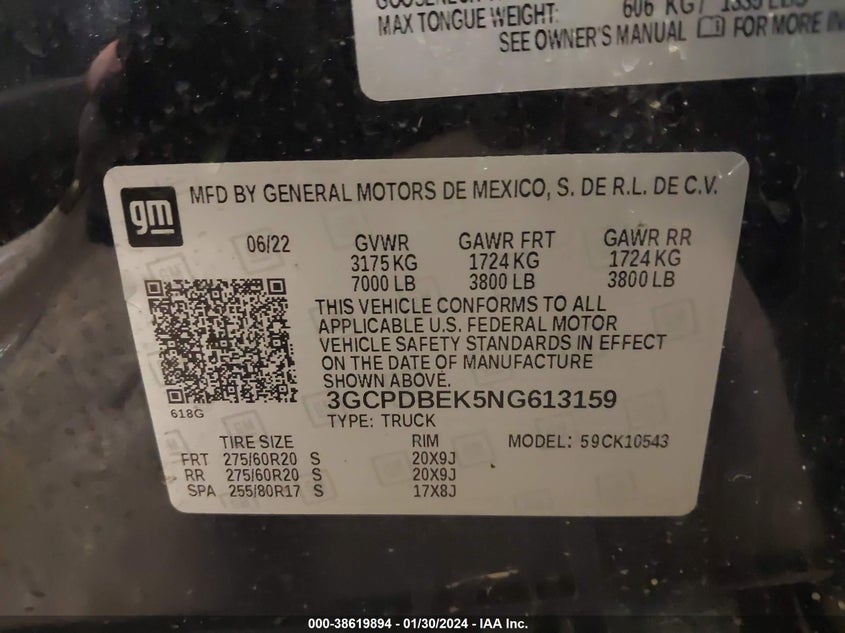 VIN 3GCPDBEK5NG613159 2022 CHEVROLET SILVERADO 1500 4WD  SHORT BED CUSTOM