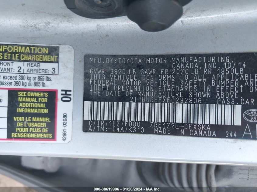 2015 TOYOTA COROLLA S PLUS - 2T1BURHEXFC292806