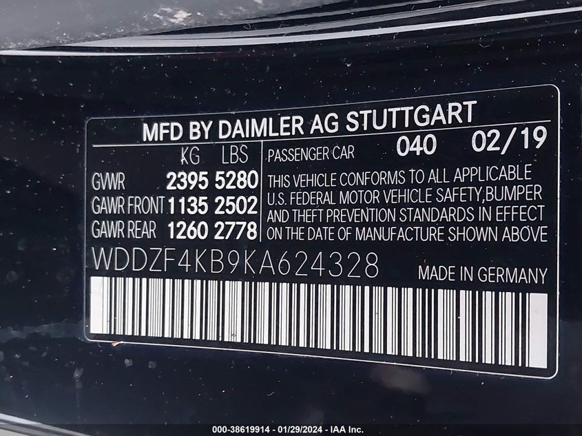 VIN WDDZF4KB9KA624328 2019 MERCEDES-BENZ E 300 4MATIC