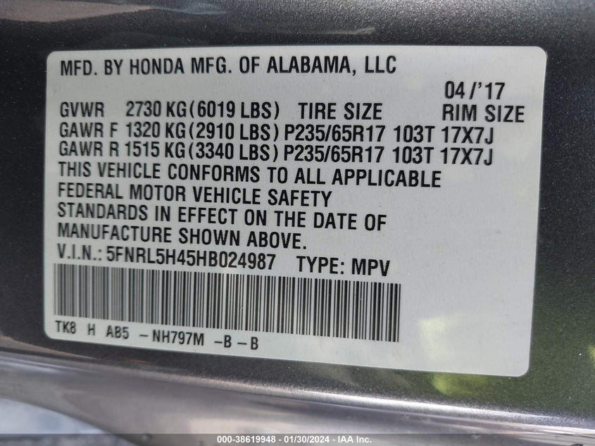 VIN 5FNRL5H45HB024987 2017 HONDA ODYSSEY EX