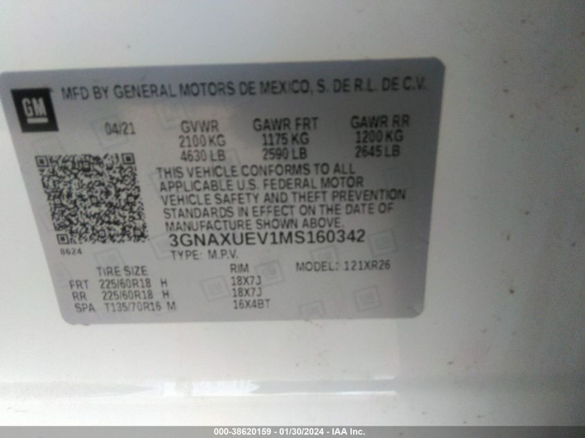 2021 CHEVROLET EQUINOX AWD LT - 3GNAXUEV1MS160342