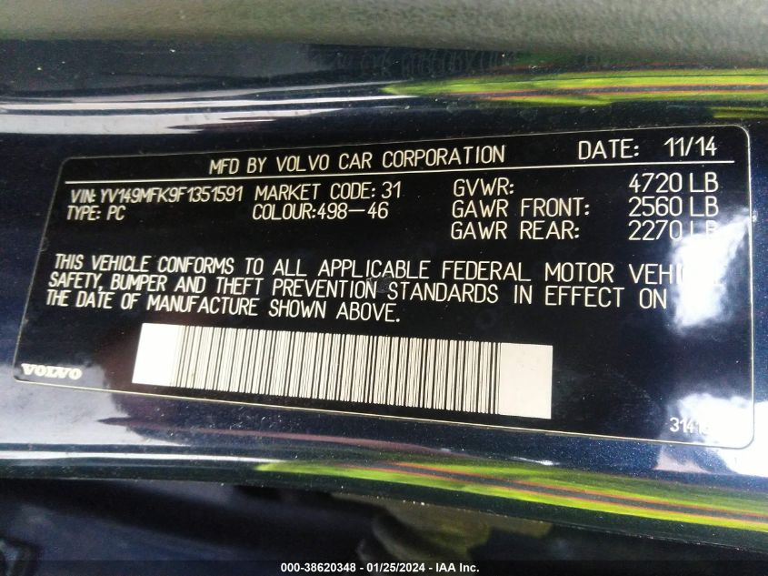 2015 VOLVO S60 T6 - YV149MFK9F1351591