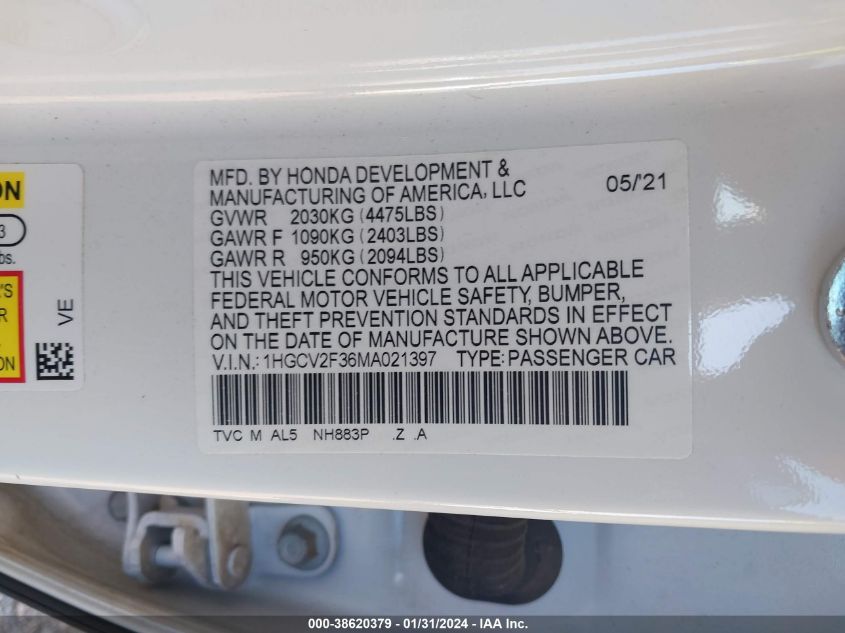 2021 HONDA ACCORD SPORT 2.0T - 1HGCV2F36MA021397