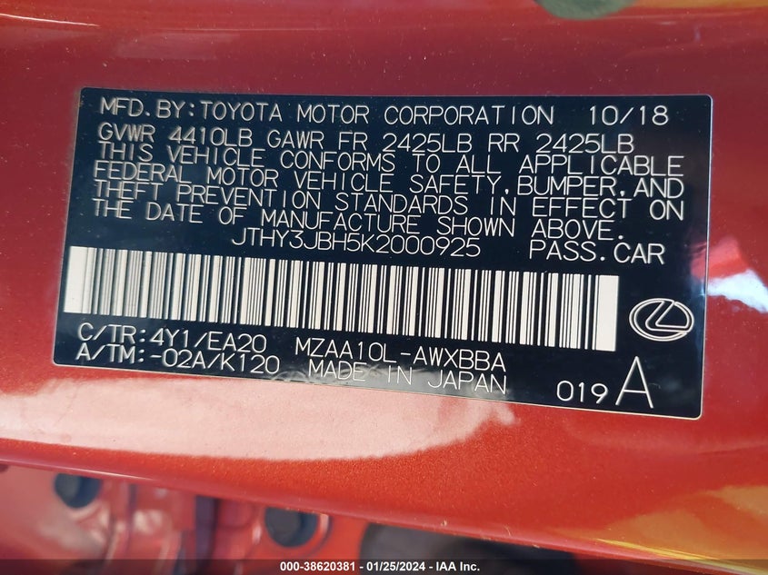 VIN JTHY3JBH5K2000925 2019 LEXUS UX 200