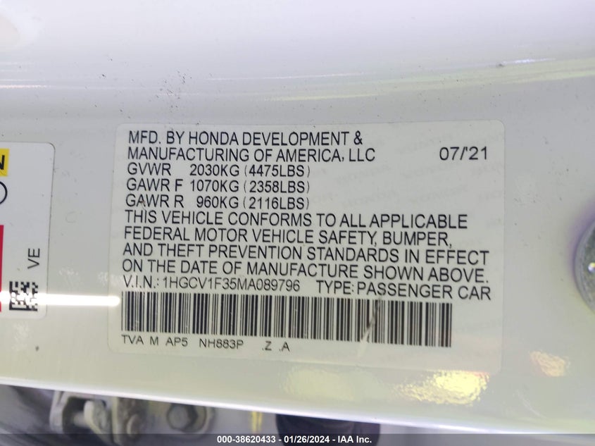 VIN 1HGCV1F35MA089796 2021 HONDA ACCORD SPORT