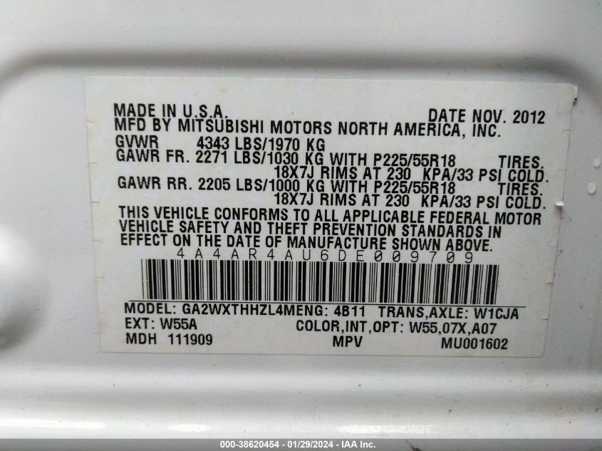 2013 MITSUBISHI OUTLANDER SPORT SE - 4A4AR4AU6DE009709