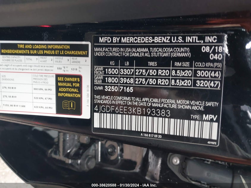 VIN 4JGDF6EE3KB193383 2019 MERCEDES-BENZ GLS 450 4MATIC