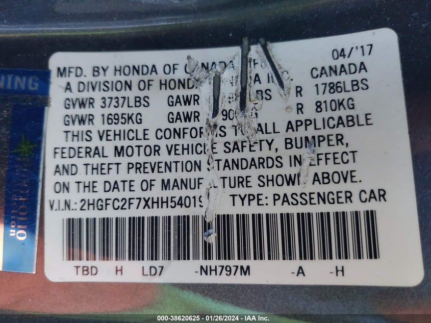 VIN 2HGFC2F7XHH540191 2017 HONDA CIVIC EX