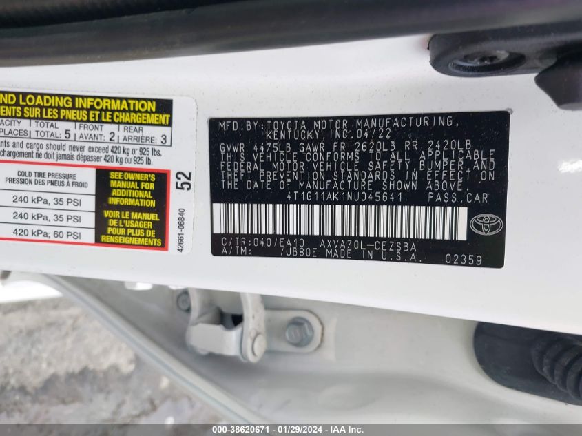 2022 TOYOTA CAMRY SE - 4T1G11AK1NU045641