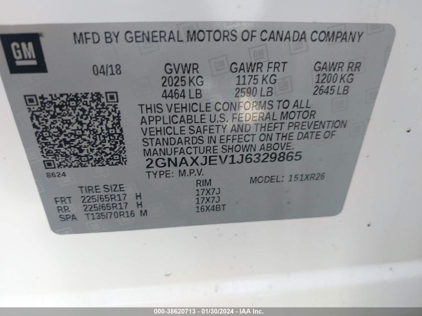 2018 CHEVROLET EQUINOX LT - 2GNAXJEV1J6329865