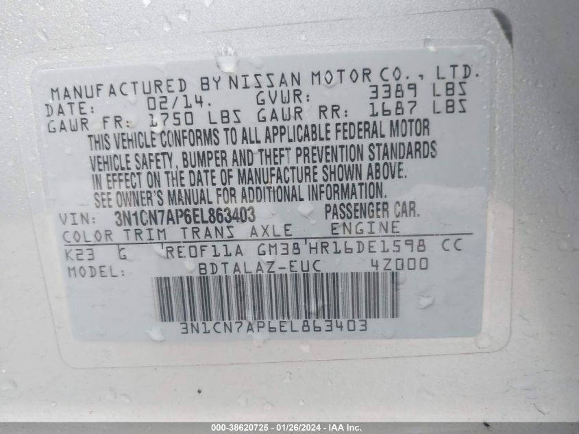 2014 NISSAN VERSA 1.6 S+ - 3N1CN7AP6EL863403