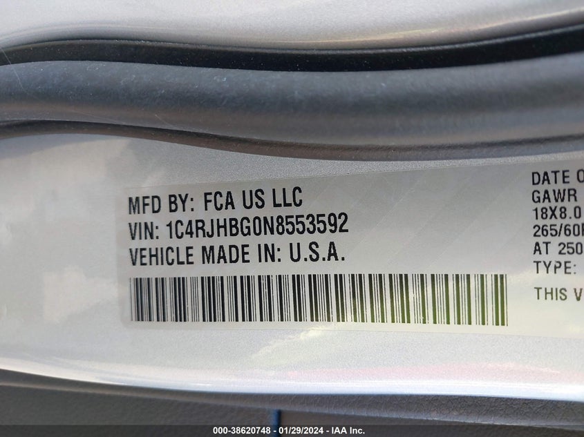 VIN 1C4RJHBG0N8553592 2022 JEEP GRAND CHEROKEE LIMITED 4X4