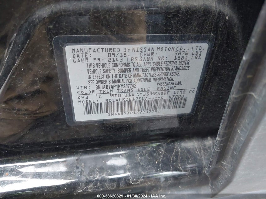 VIN 3N1AB7AP1KY237742 2019 NISSAN SENTRA SR