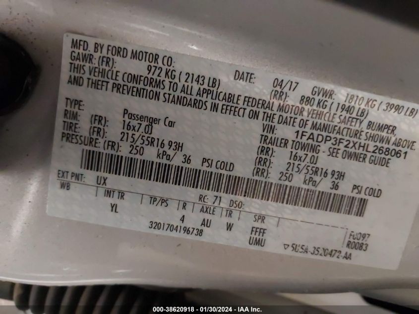 2017 FORD FOCUS SE - 1FADP3F2XHL268061