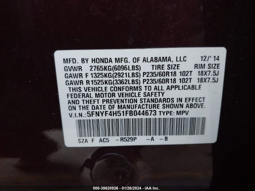 2015 HONDA PILOT EX-L - 5FNYF4H51FB044673