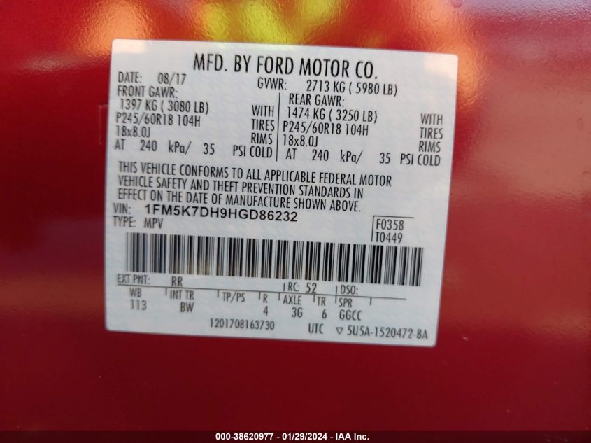 2017 FORD EXPLORER XLT - 1FM5K7DH9HGD86232