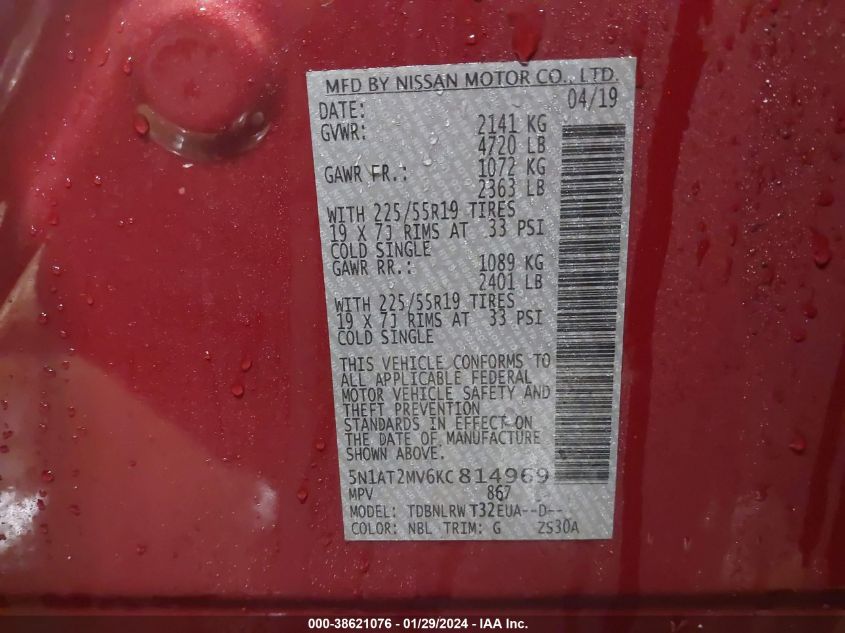 2019 NISSAN ROGUE SL - 5N1AT2MV6KC814969
