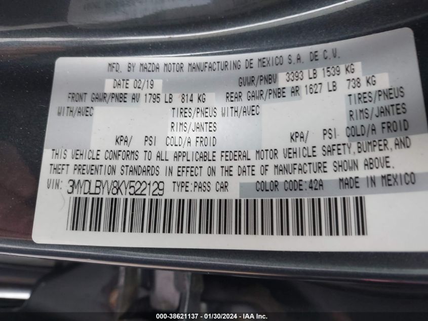 2019 TOYOTA YARIS L/LE/XLE - 3MYDLBYV8KY522129