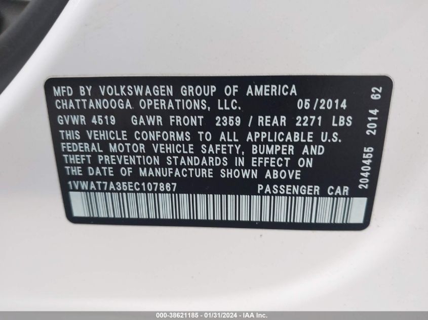 2014 VOLKSWAGEN PASSAT S - 1VWAT7A35EC107867