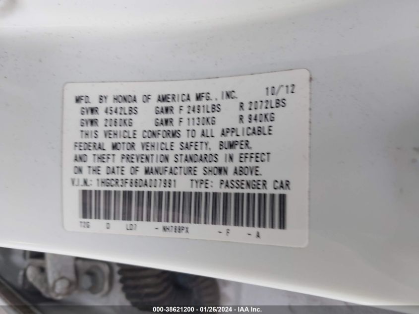 2013 HONDA ACCORD EX-L V-6 - 1HGCR3F86DA007991