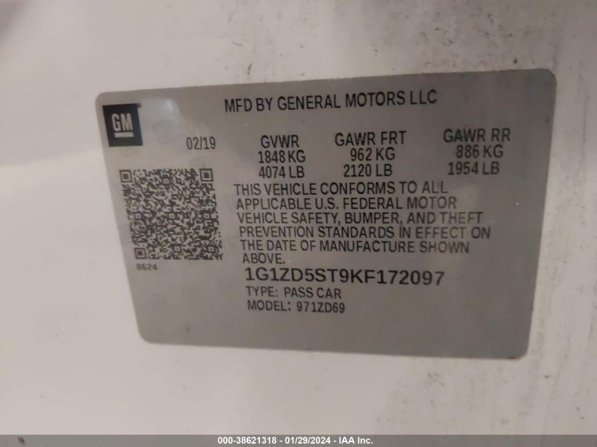 2019 CHEVROLET MALIBU LT - 1G1ZD5ST9KF172097