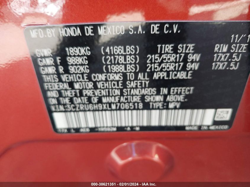 2020 HONDA HR-V TOURING - 3CZRU6H9XLM706518