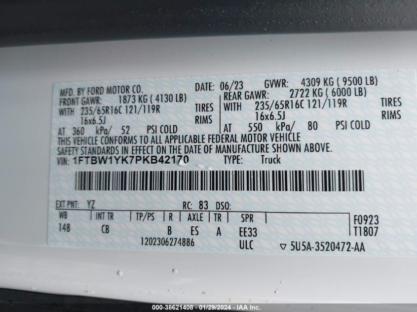 2023 FORD E-TRANSIT-350 1FTBW1YK7PKB42170