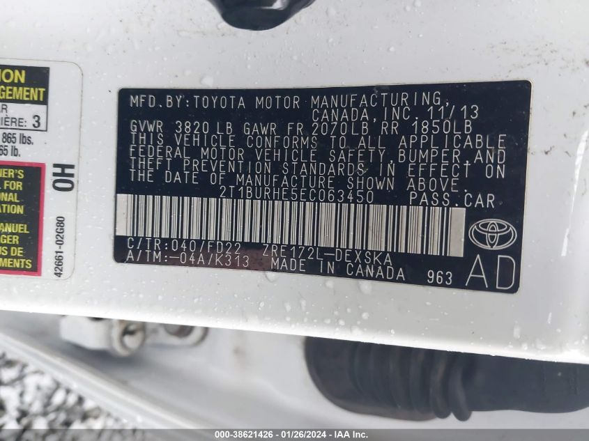 2014 TOYOTA COROLLA L/LE/LE PLS/PRM/S/S PLS - 2T1BURHE5EC063450