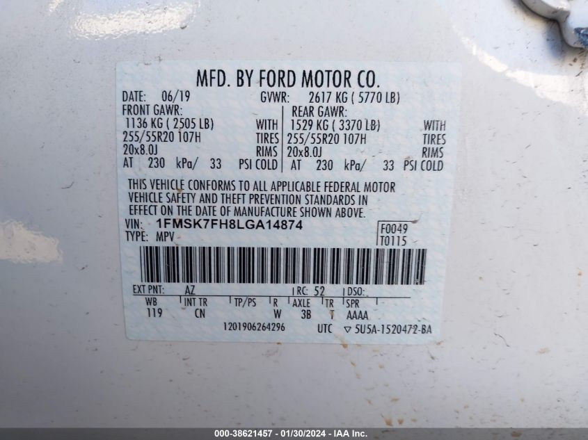 2020 FORD EXPLORER LIMITED - 1FMSK7FH8LGA14874