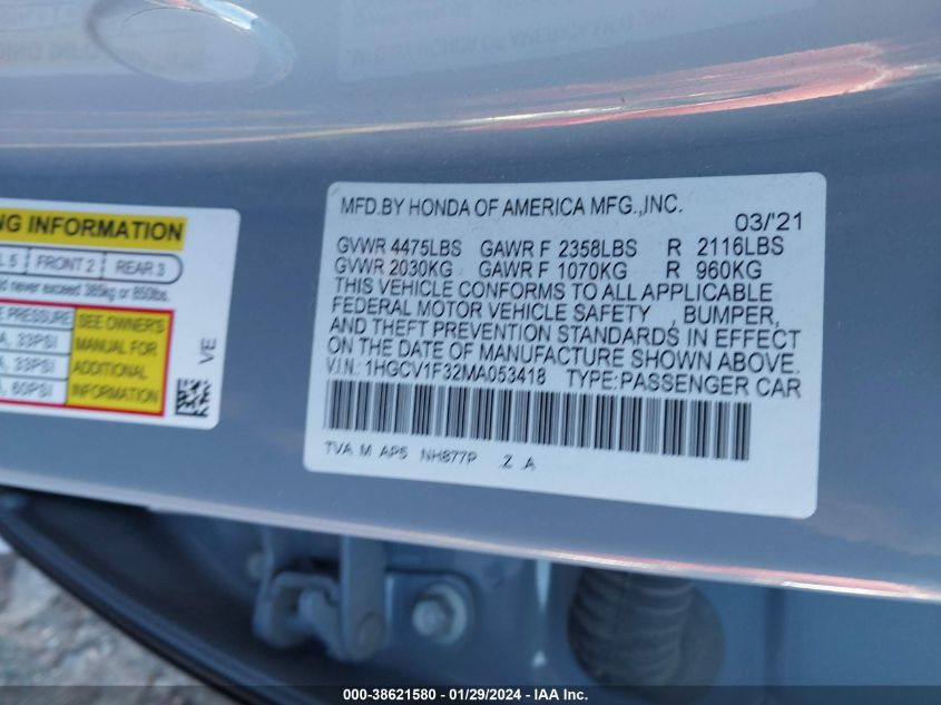 2021 HONDA ACCORD SPORT - 1HGCV1F32MA053418