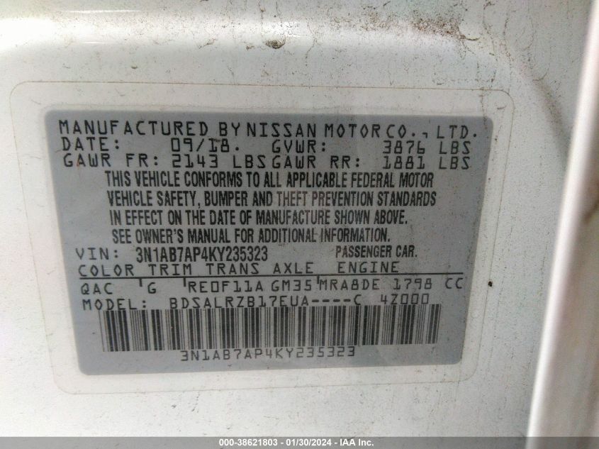 2019 NISSAN SENTRA SR - 3N1AB7AP4KY235323