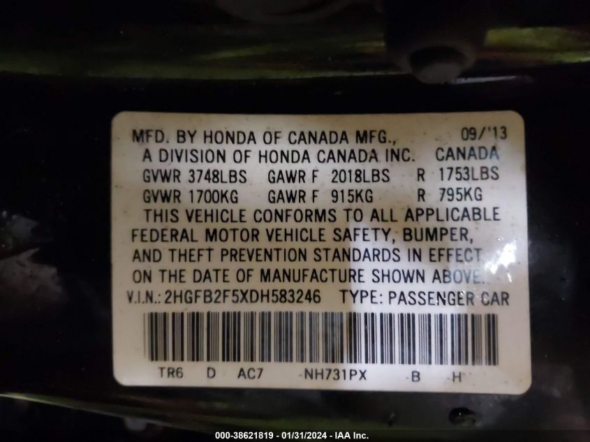 2013 HONDA CIVIC LX - 2HGFB2F5XDH583246