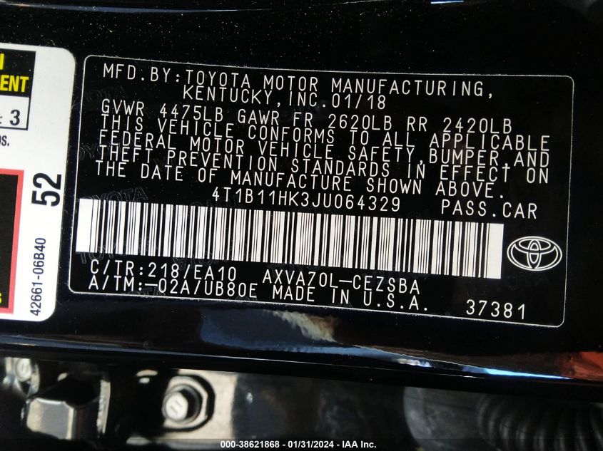 2018 TOYOTA CAMRY SE - 4T1B11HK3JU064329