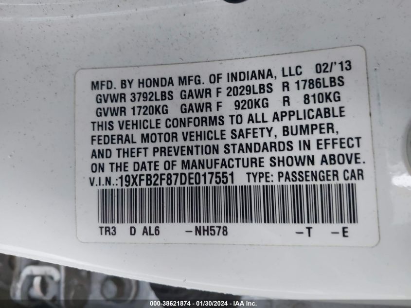 2013 HONDA CIVIC EX - 19XFB2F87DE017551