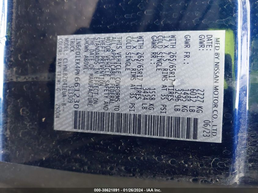 2023 NISSAN FRONTIER SV 4X4 - 1N6ED1EK4PN661230