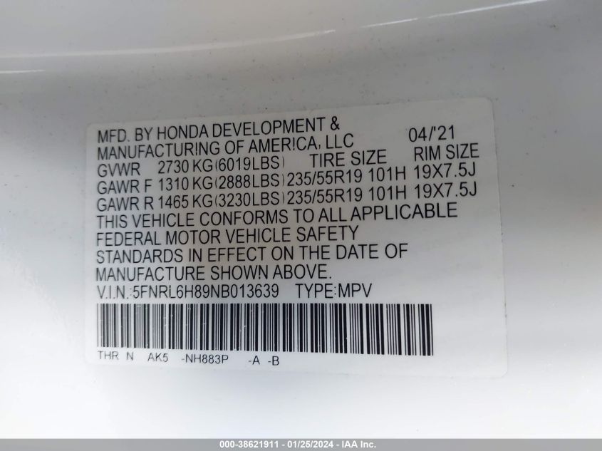 2022 HONDA ODYSSEY TOURING - 5FNRL6H89NB013639
