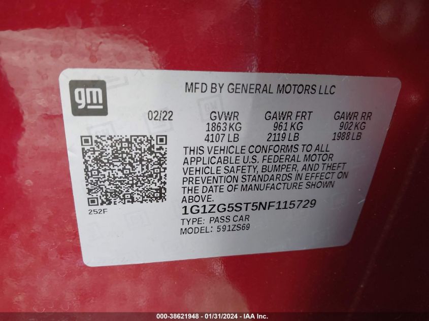 2022 CHEVROLET MALIBU RS - 1G1ZG5ST5NF115729