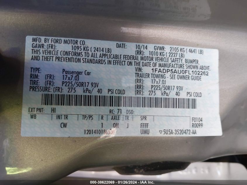2015 FORD C-MAX HYBRID SE - 1FADP5AU0FL102262