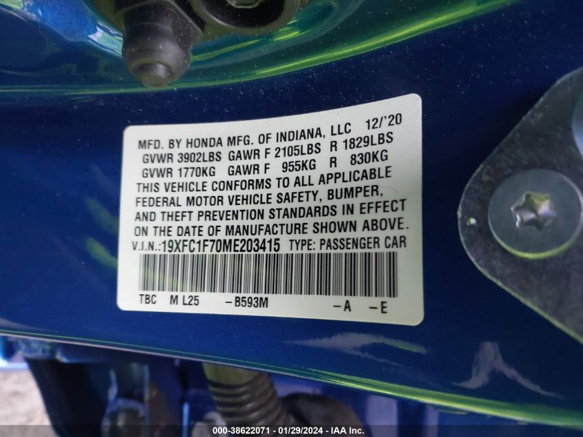 2021 HONDA CIVIC EX-L - 19XFC1F70ME203415