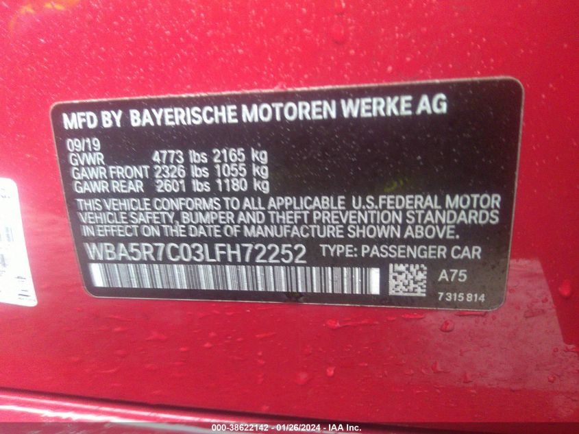 2020 BMW 330I XDRIVE - WBA5R7C03LFH72252