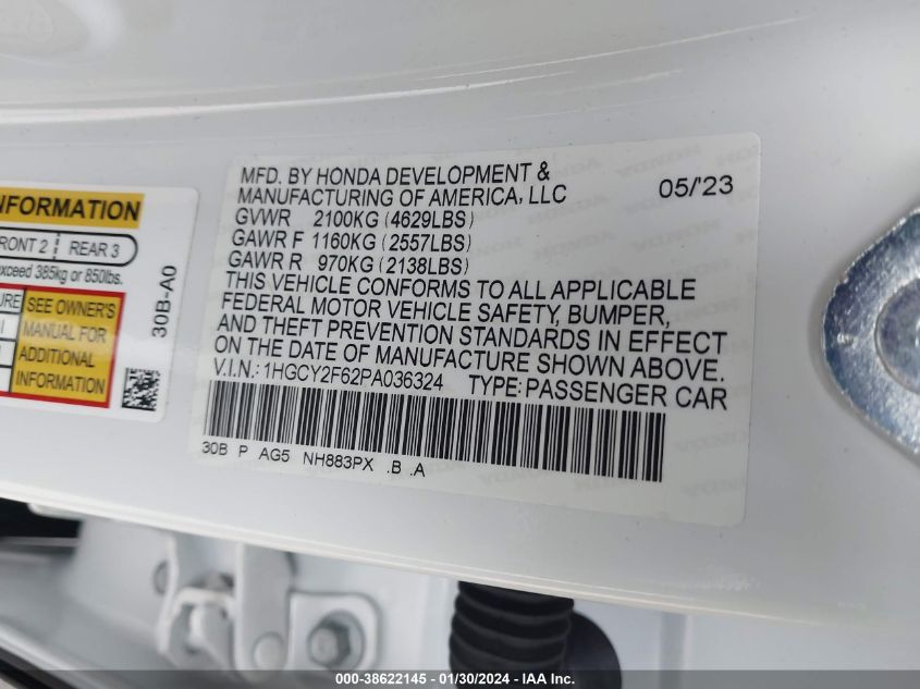 2023 HONDA ACCORD HYBRID EX-L - 1HGCY2F62PA036324