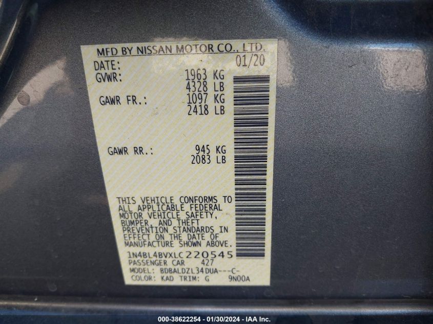 2020 NISSAN ALTIMA S FWD - 1N4BL4BVXLC220545