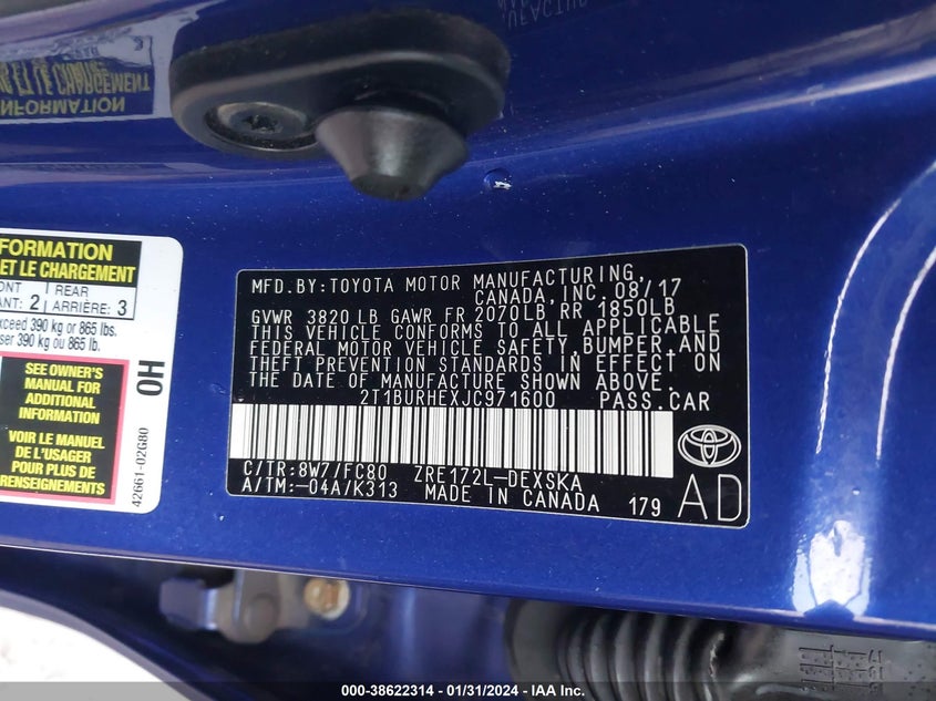 VIN 2T1BURHEXJC971600 2018 TOYOTA COROLLA SE