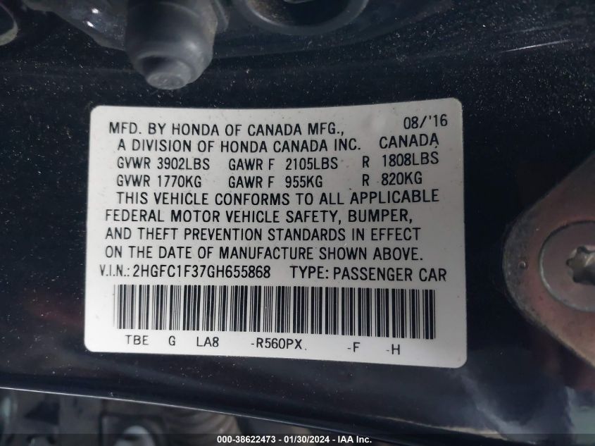 2016 HONDA CIVIC EX-T - 2HGFC1F37GH655868