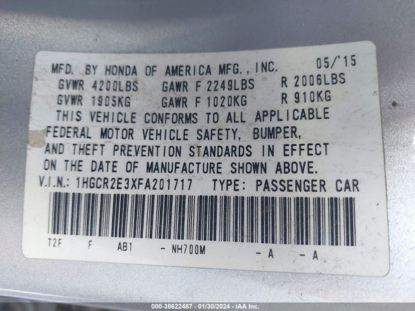 2015 HONDA ACCORD LX - 1HGCR2E3XFA201717