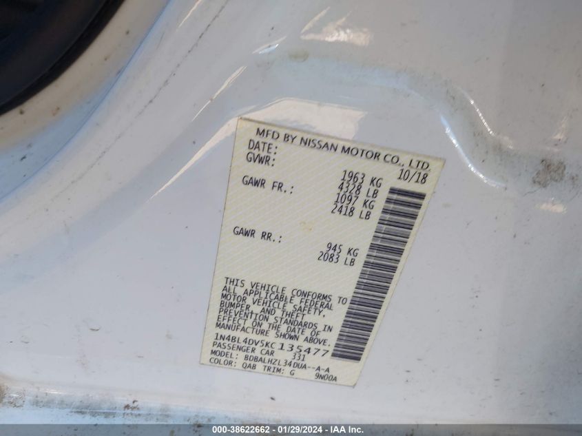 2019 NISSAN ALTIMA 2.5 SV - 1N4BL4DV5KC135477